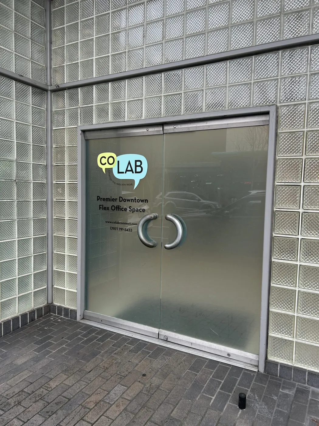 Entrance to the coLAB building on Mendocino Ave